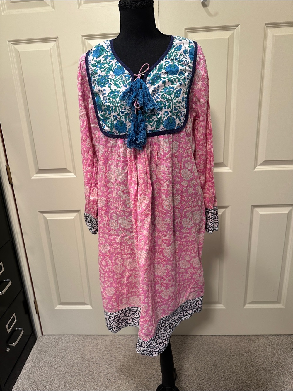 Pink Floral Long-Sleeve Dress with Blue Embroidered Bib